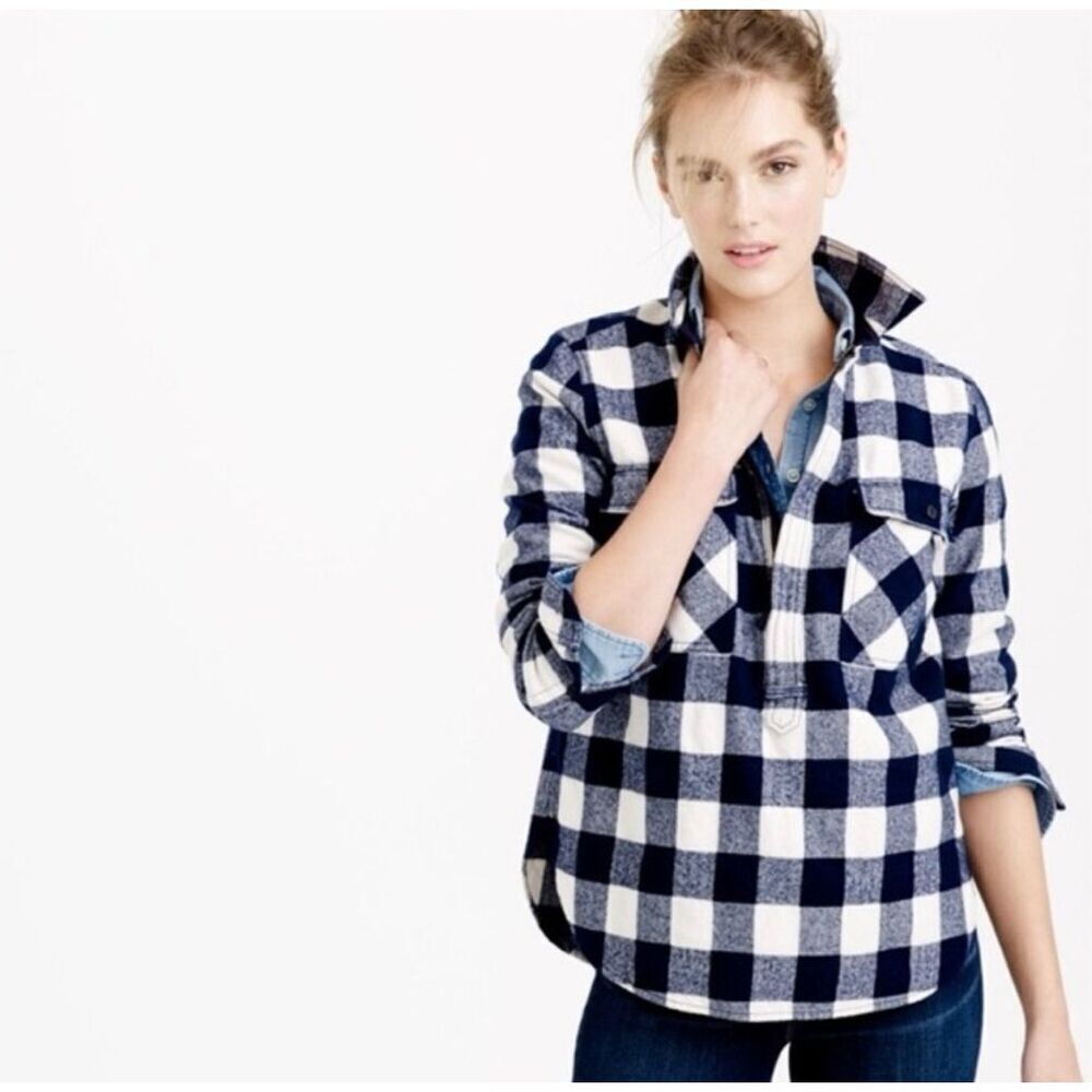 J. Crew Blue Buffalo Plaid Flannel Wool Blend Half Zip‎ Popover Shirt Jacket XS